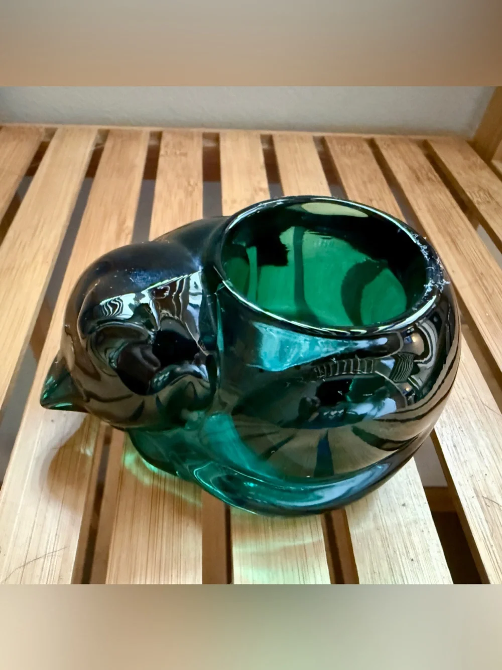 Green Glass Cat Decorative Vessel - Handcrafted Accent